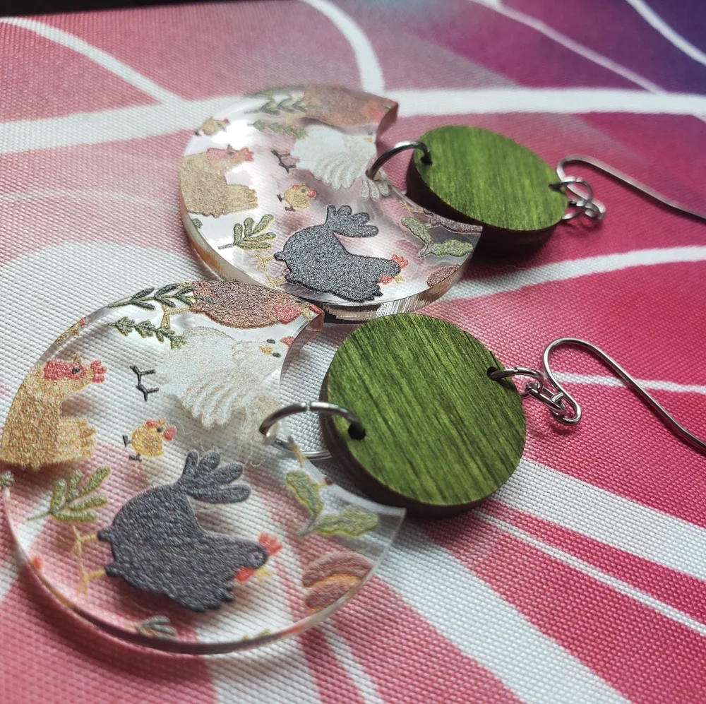 🐔 Chicken friends two-piece circular drop earrings 💚 - Picture 4 of 8